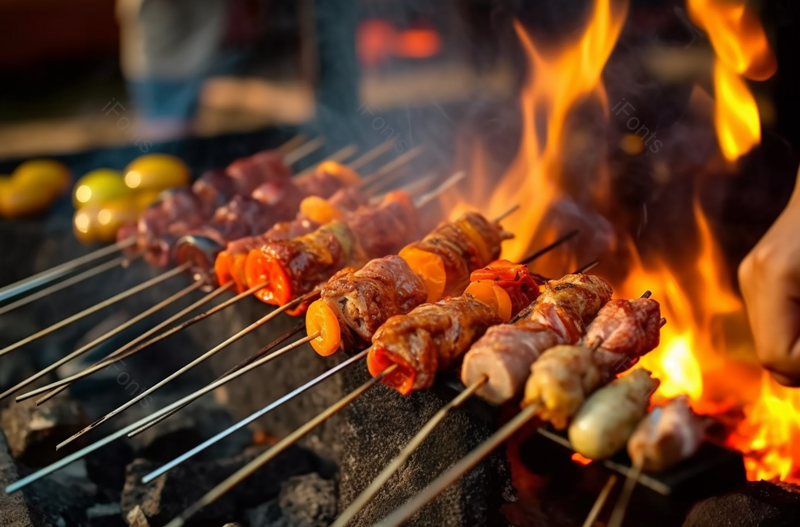 滋滋冒油美味的烤肉在烧烤炉上美食摄影背景,高清,摄影图,摄影图片,图片大全,摄影图免费下载